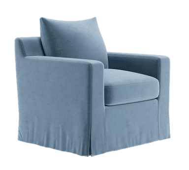 A plush, slipcovered armchair with a skirted base and a single throw pillow. The armchair features a boxy silhouette with straight arms and a deep seat. — 3D model