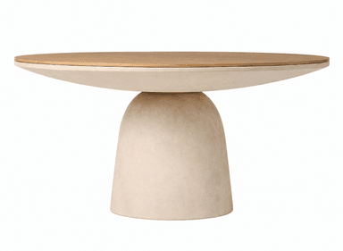 A contemporary round dining table featuring a light wood top and a robust, cream-colored pedestal base with a textured finish. — 3D model