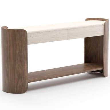 A modern and minimalist bench featuring a dark wood frame with rounded, curved ends, supporting a light-colored travertine top and a matching lower wooden shelf. The design emphasizes natural materials and clean lines. — 3D model