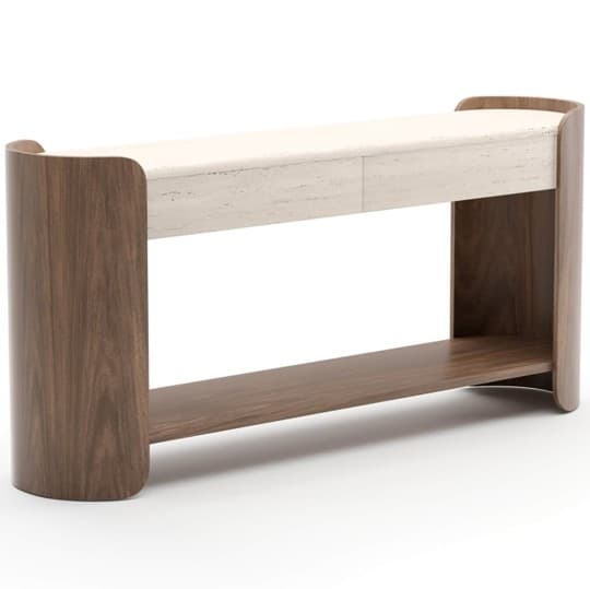 A modern and minimalist bench featuring a dark wood frame with rounded, curved ends, supporting a light-colored travertine top and a matching lower wooden shelf. The design emphasizes natural materials and clean lines. — 3D model