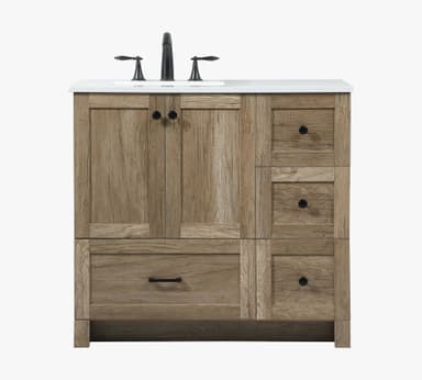 A light oak finish bathroom vanity featuring an integrated white countertop and sink, accompanied by a matte black three-piece faucet set. The cabinet provides storage with two central doors and three drawers on the right side, all fitted with matte black hardware. The design incorporates a rustic wood grain texture with clean, modern lines. — 3D model