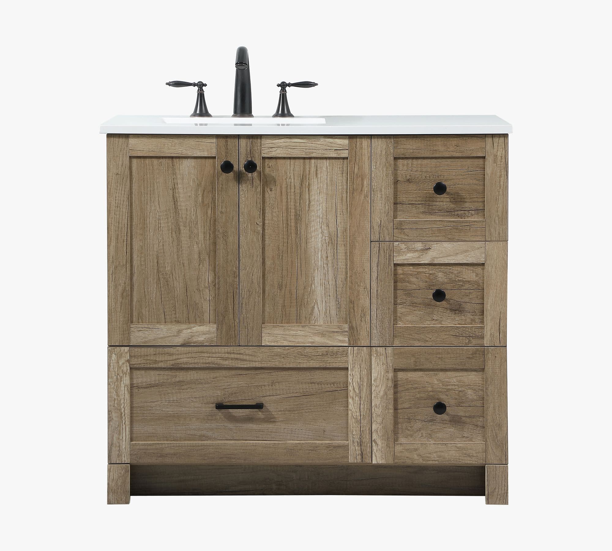 A light oak finish bathroom vanity featuring an integrated white countertop and sink, accompanied by a matte black three-piece faucet set. The cabinet provides storage with two central doors and three drawers on the right side, all fitted with matte black hardware. The design incorporates a rustic wood grain texture with clean, modern lines. — 3D model