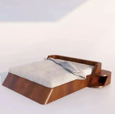 A modern platform bed crafted from dark brown wood, featuring a low-profile design and an integrated nightstand on one side. The bed has a sleek, angled base and a minimalist headboard that flows into the nightstand, which includes an open storage cubby. A light grey mattress and throw blanket are visible on the bed. — 3D model