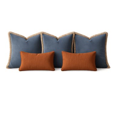 A set of four decorative pillows. Two larger pillows are a deep blue color with a textured weave and feature a decorative rope trim along their unique, scalloped edges. Two smaller, rectangular pillows are a burnt orange color with a prominent basketweave texture. All pillows appear to be filled and plump. — 3D model