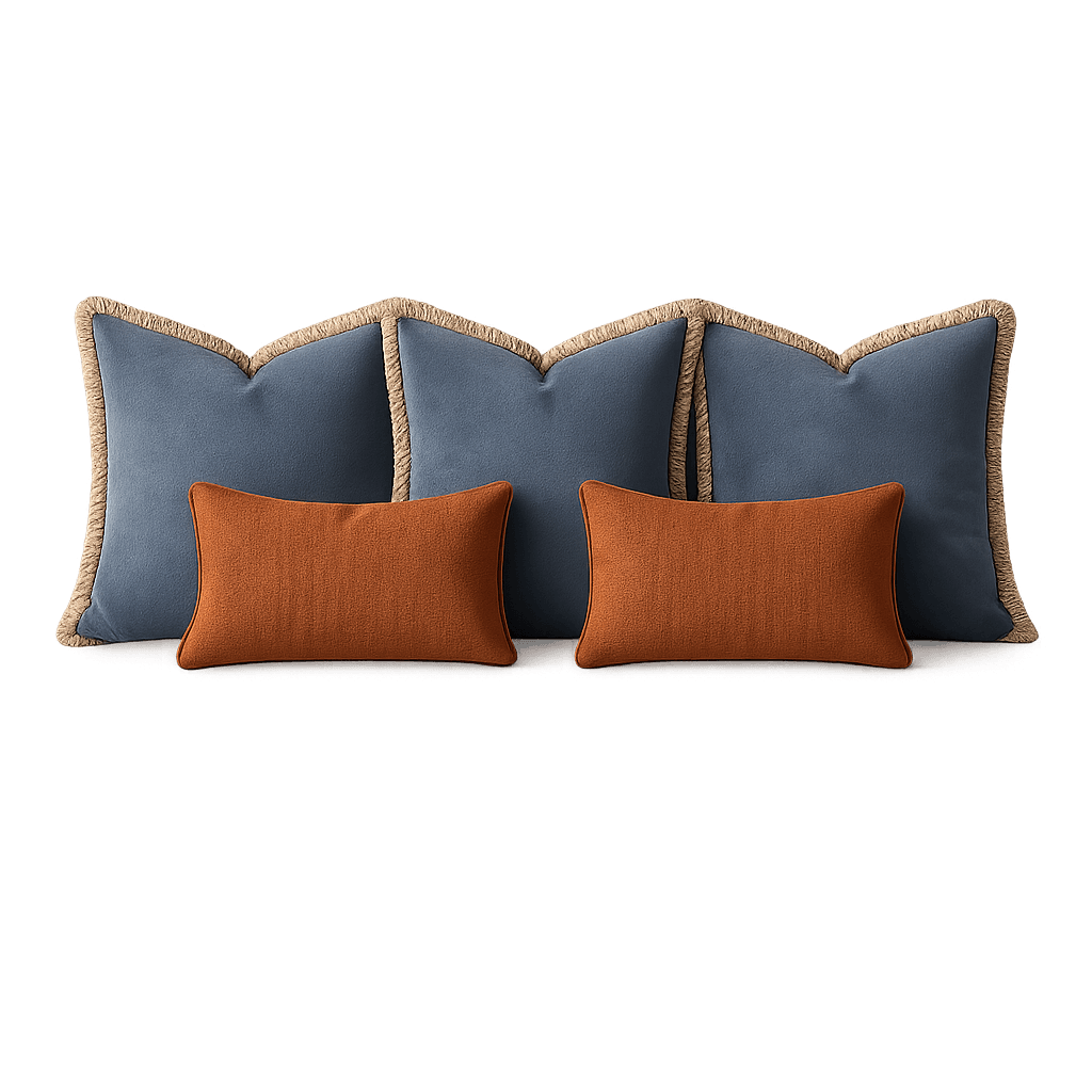A set of four decorative pillows. Two larger pillows are a deep blue color with a textured weave and feature a decorative rope trim along their unique, scalloped edges. Two smaller, rectangular pillows are a burnt orange color with a prominent basketweave texture. All pillows appear to be filled and plump. — 3D model