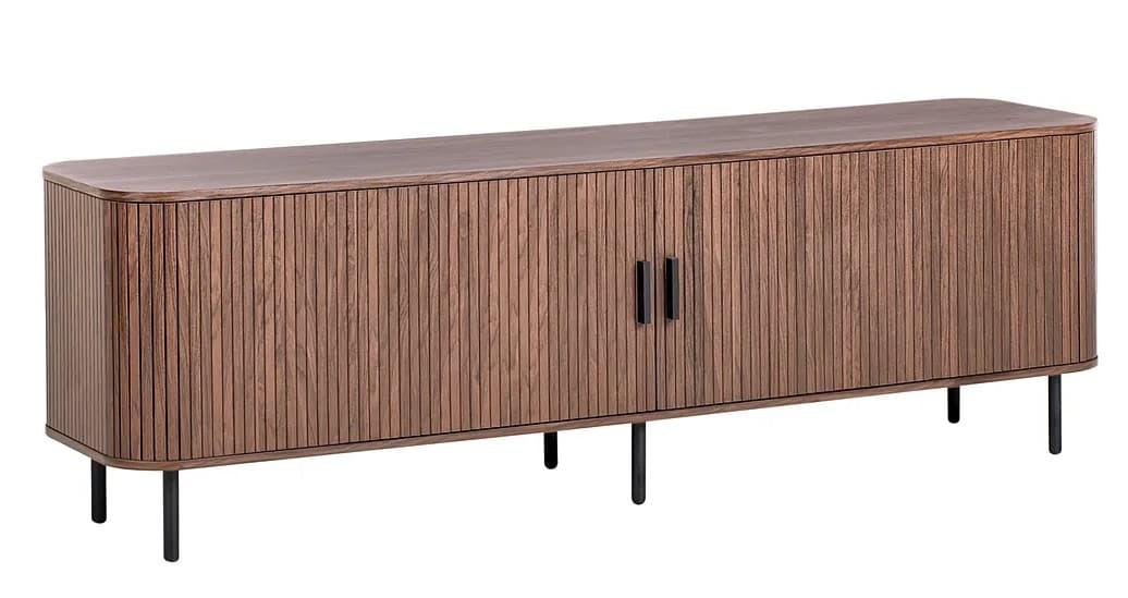 A long, low, contemporary wooden storage unit featuring fluted paneling across its front and sides, supported by thin metal legs. It has two central doors with dark metal handles. — 3D model