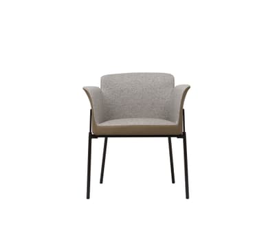 A contemporary armchair featuring a two-toned upholstered shell with a light grey/beige woven fabric on the interior and a contrasting brown/taupe faux leather on the exterior, accented with white stitching. It rests on a slender, straight black metal frame with four legs. The design incorporates integrated, gently curved armrests. — 3D model