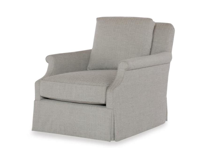 A light gray armchair with a skirted base and a loose back cushion. The armchair features rolled arms and a slightly flared back. The upholstery has a visible texture, suggesting a woven fabric. — 3D model