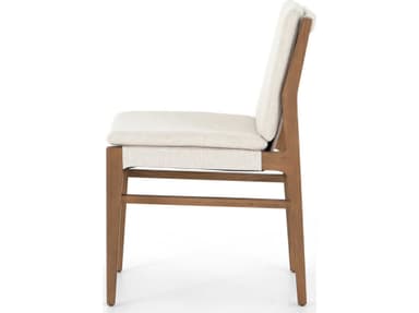 A contemporary armless chair featuring a light-toned solid wood frame and upholstered seat and back in a neutral off-white fabric. — 3D model