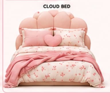A contemporary platform bed featuring a distinctive scalloped headboard and fully upholstered frame in a soft pink fabric. The bed is adorned with floral patterned bedding, pink throw pillows, and a textured pink blanket, creating a cozy and whimsical aesthetic. The headboard's individual padded sections give it a unique, cloud-like appearance. — 3D model