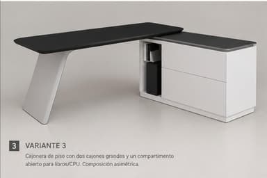 A modern L-shaped executive desk featuring a black desktop and a white integrated storage credenza, supported by a single angular white leg. — 3D model