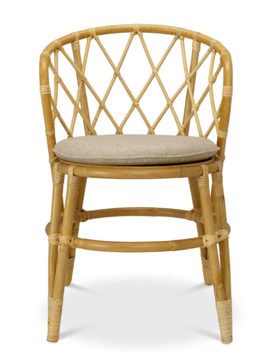 A light-colored bamboo bar stool with a woven backrest and a padded seat. The stool features four legs connected by a circular footrest. The bamboo structure is bound with natural twine at various joints and decorative elements. — 3D model