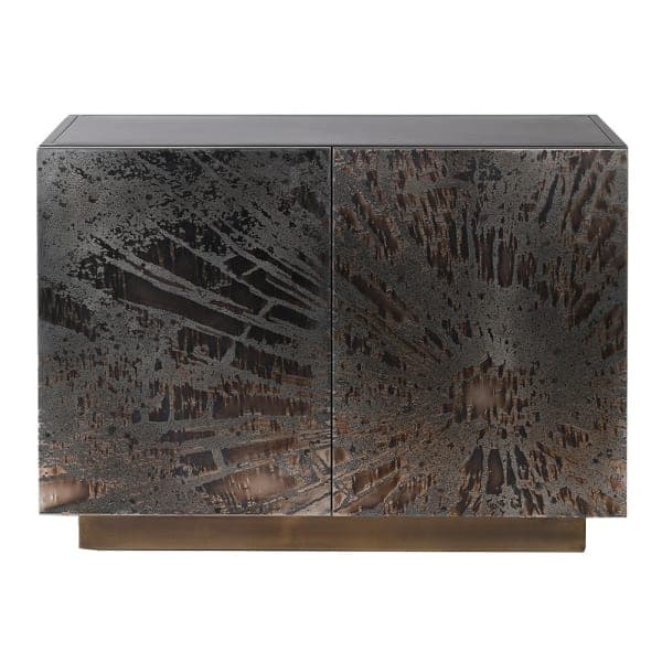 A contemporary cabinet with a rectangular form, featuring two doors. The doors and the visible side panels display a distinctive abstract, radial pattern with a metallic, distressed finish, evoking a volcanic or organic texture. The cabinet rests on a low, horizontal plinth or base. — 3D model