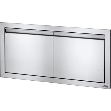 A polished stainless steel built-in outdoor kitchen storage cabinet featuring two horizontal hinged doors, each with an integrated bar pull handle. It has a flush-mount frame designed for seamless integration into an outdoor kitchen island. A brand logo is present on the lower right door. — 3D model