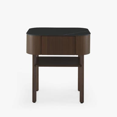 A modern nightstand featuring a dark brown wood body with rounded corners, a black marble top, and an open shelf beneath a handle-less drawer, supported by four slender legs. — 3D model