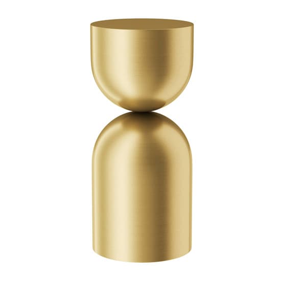 A sculptural accent table made from brushed brass, featuring a two-part geometric design with an inverted dome resting on a cylindrical base with a rounded top. — 3D model