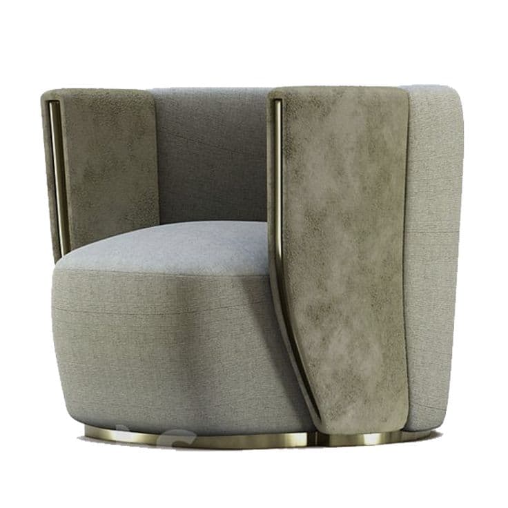 A contemporary barrel-shaped armchair featuring two-tone fabric upholstery and prominent vertical metal accents along the integrated armrests, set on a circular metal base. — 3D model
