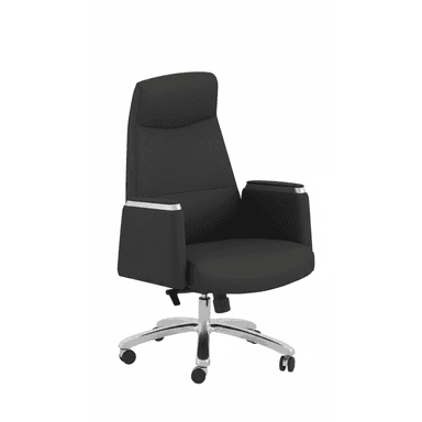 A high-back executive office chair upholstered in black synthetic leather, featuring padded armrests with chrome accents. It has a polished chrome five-star swivel base equipped with five black casters for mobility. The chair includes visible levers for height adjustment and recline control, typical of an office task chair. — 3D model
