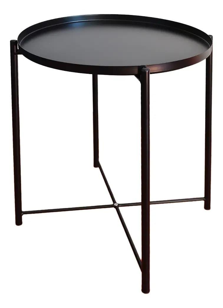 A minimalist round side table featuring a tray-style top and a slender metal frame, all finished in matte black. The base includes an X-shaped stretcher for stability. — 3D model