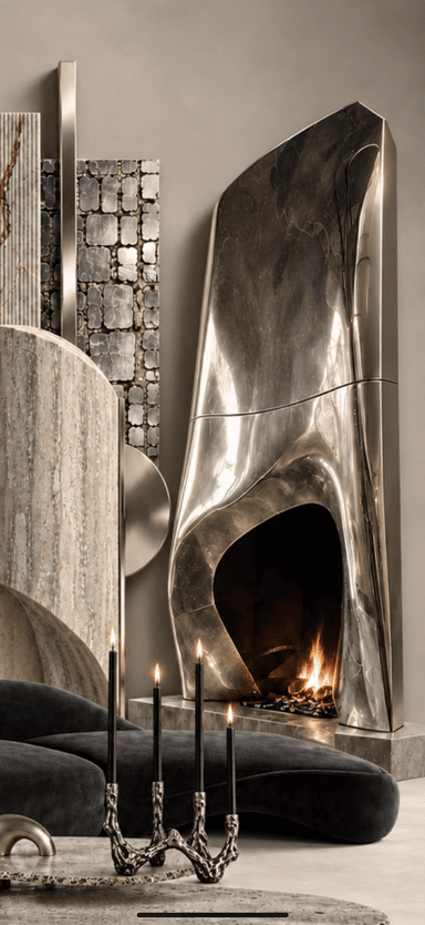 A modern, sculptural freestanding fireplace featuring a sleek, metallic finish and an organic, asymmetrical form. The main body curves inward towards the base, creating a fluid, heart-shaped or teardrop-shaped firebox opening where flames are visible. It rests on a rectangular, flat base made of a material resembling veined stone or marble, providing stability and visual contrast. The entire unit presents a contemporary and artistic aesthetic, designed to be a focal point in a modern interior. — 3D model