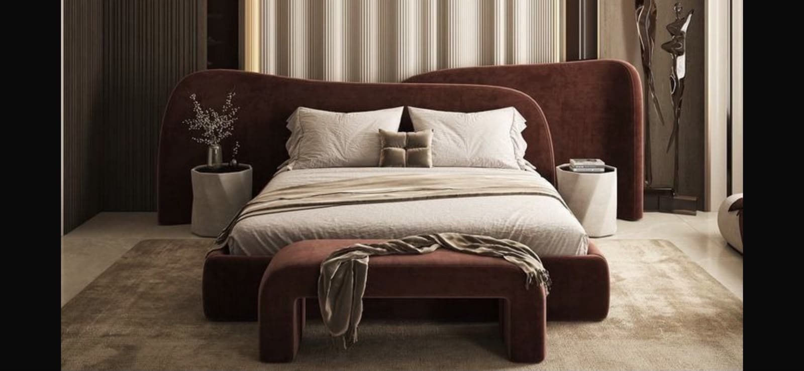 A modern platform bed with a distinctive asymmetrical design, fully upholstered in a rust brown velvet-like fabric. It features a curvilinear headboard that seamlessly extends into an integrated, raised side panel, creating a sculptural and cohesive sleeping unit. The bed includes a platform base for mattress support, showcasing a contemporary and plush aesthetic. — 3D model