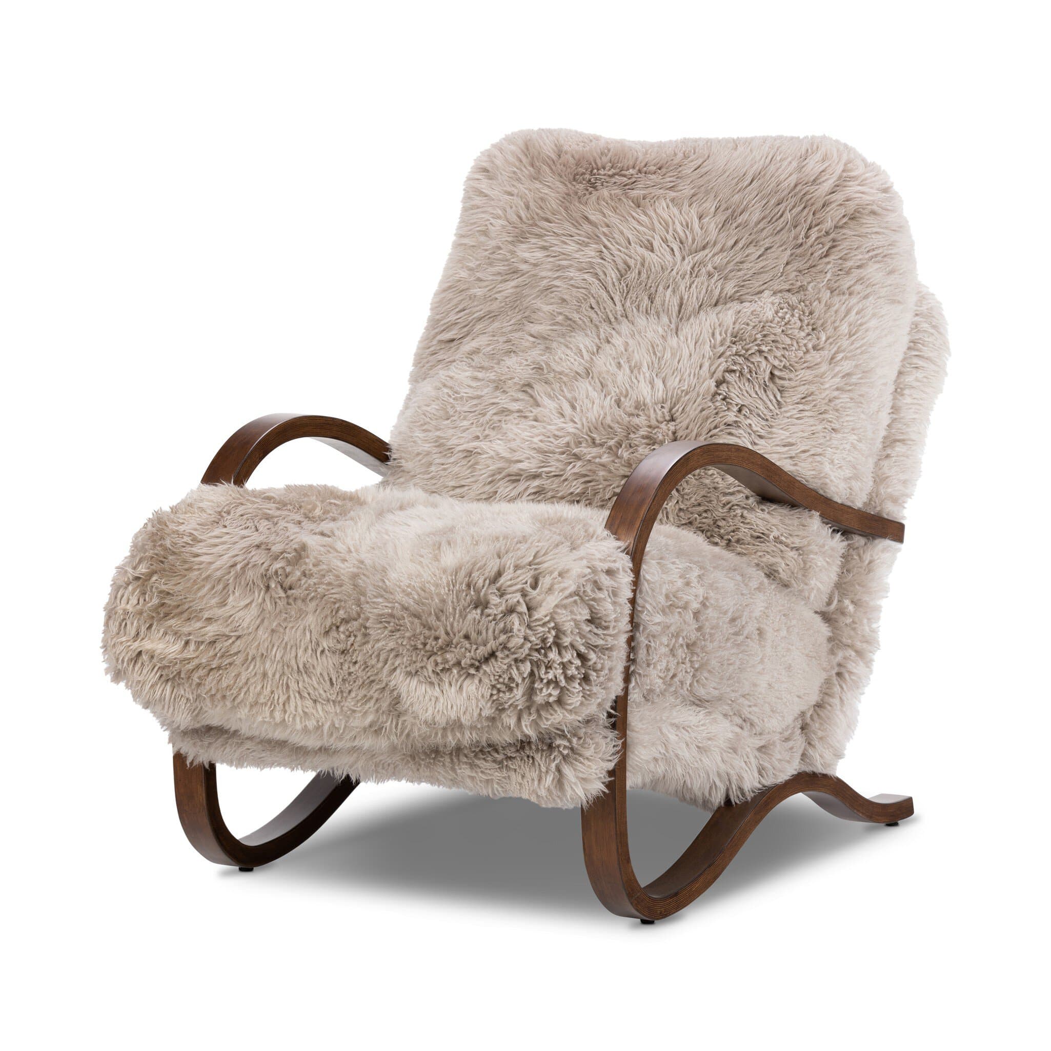 A plush, high-backed armchair featuring a curved wooden frame and a thick, textured sheepskin upholstery in a light beige or cream color. The armrests are integrated into the curved wooden structure, which also forms the rocking base. The overall design suggests comfort and a distinct mid-century or Scandinavian aesthetic. — 3D model
