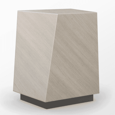 A modern cabinet with a trapezoidal body, wider at the top and narrowing towards the bottom. It stands on a dark, rectangular base. The main body features a light-colored wood veneer with a linear, diagonal grain pattern. The top surface appears to be a solid, lighter color, possibly a contrasting wood or laminate. The design is minimalist and contemporary. — 3D model