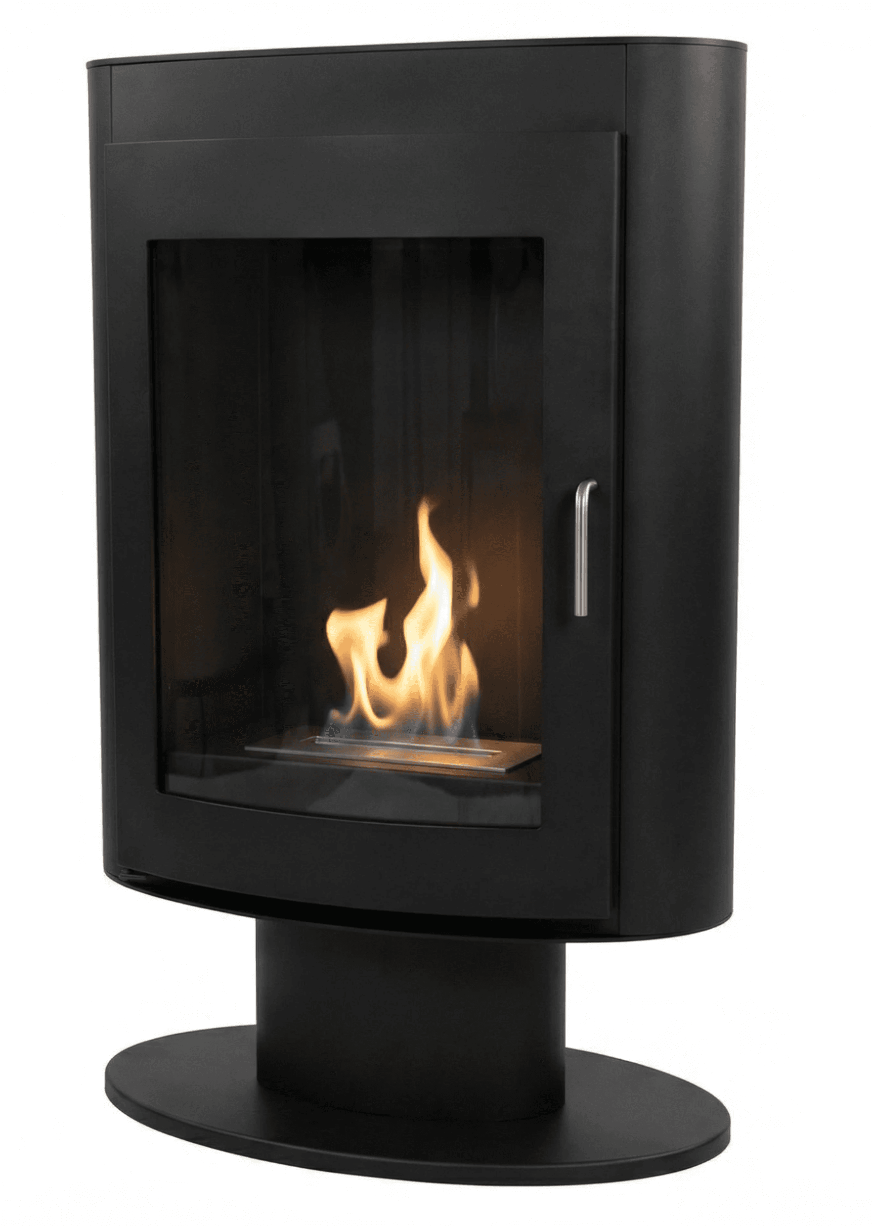 A freestanding black fireplace with a curved front panel and a glass door. It is elevated on a cylindrical base which rests on an oval plinth. A flame is visible inside, indicating it is operational or a display model. — 3D model