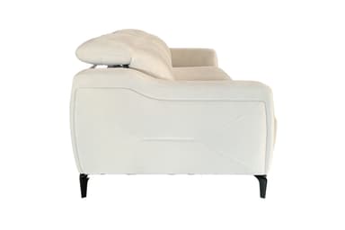 A modern, light-colored sofa with two attached seat cushions and a sleek, low-profile design. The sofa features a button-tufted pattern on the seat base, creating a geometric segmented appearance. It is elevated by thin, dark-colored legs, giving it a floating effect. The backrest is a continuous, softly padded surface. — 3D model