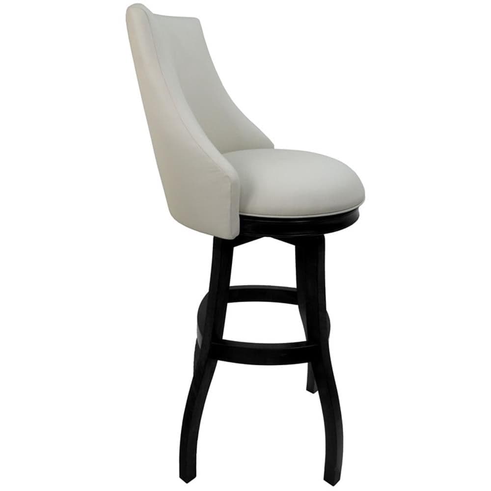 A contemporary bar stool featuring a white upholstered seat and a curved backrest with integrated partial armrests, mounted on a dark wooden swivel base with splayed legs and footrests. — 3D model