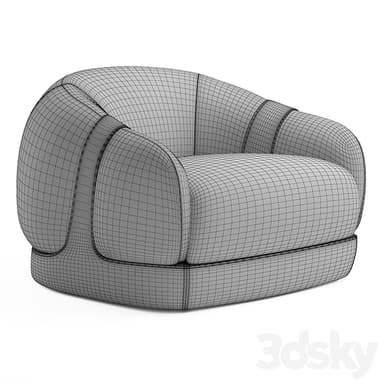 A modern armchair with a rounded, enveloping form. The upholstery is a textured, boucle-like fabric in a light neutral tone, contrasting with dark brown leather accents. The leather forms a base structure and wraps around the sides and back, providing both structural support and aesthetic detail. The design emphasizes comfort and contemporary elegance. — 3D model