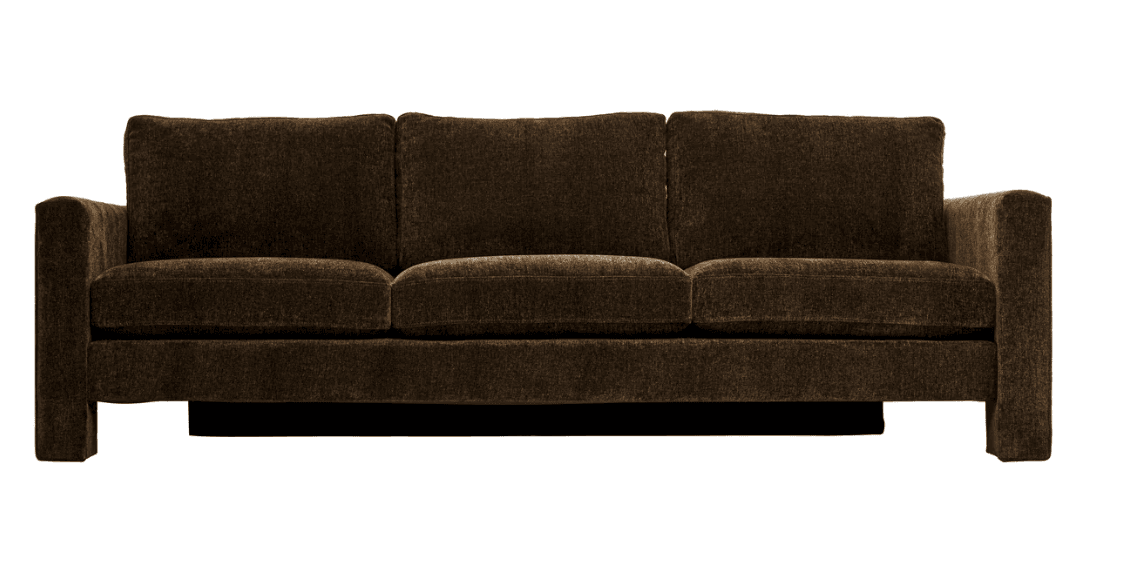 A contemporary three-seater sofa upholstered in a dark brown, textured fabric. It features straight, wide track arms, three individual seat cushions, and three matching back cushions. The base of the sofa appears recessed, giving it a slightly floating or streamlined aesthetic. — 3D model