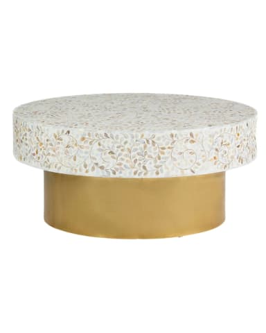 A round coffee table featuring a mother-of-pearl inlay top and a brass drum base. The inlay forms an elaborate vine and leaf pattern across the entire top surface and down the sides of the tabletop. The base is a contrasting smooth, polished brass cylinder. — 3D model