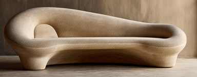 An organically shaped, upholstered lounge sofa featuring a fluid, continuous form. The sofa is covered in a light beige, textured fabric, presenting a soft, biomorphic silhouette. It lacks traditional legs, with its base forming an integral part of the overall sculptural design. The backrest is low and merges seamlessly into the elongated seating surface, creating a comfortable, lounging aesthetic. — 3D model