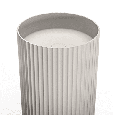 A tall, cylindrical floor planter featuring a ribbed or fluted exterior texture and a matte light grey finish. The design is simple and modern, suitable for various interior aesthetics. — 3D model