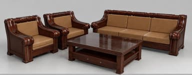A traditional three-seater sofa featuring a dark, richly carved wooden frame and beige upholstered cushions. The sofa has ornate details along the crest rail and on the rolled armrests, with fluted paneling along the lower skirt. — 3D model