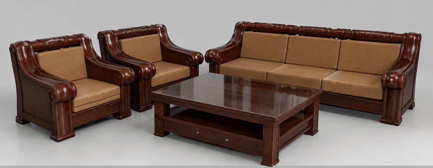 A traditional three-seater sofa featuring a dark, richly carved wooden frame and beige upholstered cushions. The sofa has ornate details along the crest rail and on the rolled armrests, with fluted paneling along the lower skirt. — 3D model