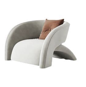 A contemporary armchair with a sculptural, curved design, upholstered in a light grey fabric, featuring integrated armrests and a unique C-shaped base structure. A contrasting brown throw pillow rests on the seat. — 3D model