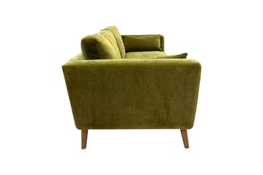 A two-seater loveseat upholstered in ribbed olive green fabric, featuring two loose back cushions and four tapered wooden legs, viewed from the rear. — 3D model