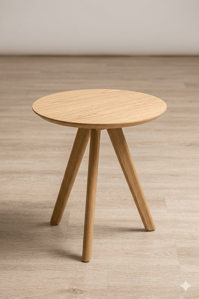 A small, round side table with a light wood finish. It features a circular tabletop and three tapered legs that angle outwards from the center of the tabletop. The wood grain is visible, suggesting a natural material. — 3D model