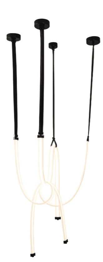 A modern lighting fixture featuring four black ceiling mounts with corresponding black suspension cords. The cords descend to connect with multiple flexible, illuminated white tubes, which are arranged in an artistic, looping configuration. The tubes emit a soft, diffused light, and the overall design is minimalist and contemporary. — 3D model