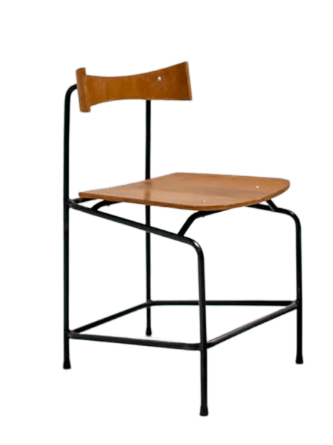 A modern chair with a bentwood seat and backrest, supported by a thin black metal frame. The seat is contoured and the backrest has a distinct curved shape with a central vertical support. The frame forms a minimalist base with four legs and connecting horizontal supports. — 3D model