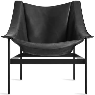 A modern black leather lounge chair with a minimalist metal frame. The chair features a wide, curved backrest and a seat that appears to be made of a single piece of leather suspended by the frame. The frame is constructed from thin, matte black metal rods, forming a rectangular base and extending upwards to support the leather upholstery. The overall design emphasizes clean lines and a sophisticated aesthetic. — 3D model