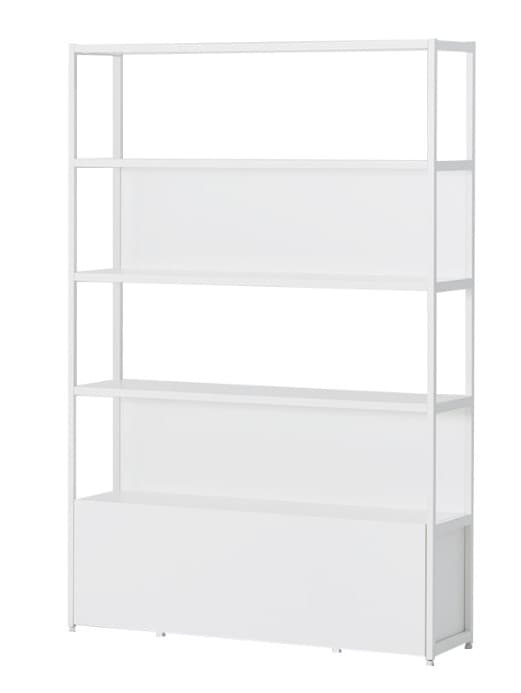 A tall, narrow, modern white shelving unit featuring an open metal frame and multiple shelves, with a closed storage cabinet at its base. The entire structure is rendered in a uniform white finish, indicating a minimalist design. — 3D model