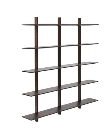 A modern, minimalist wall-mounted shelving unit featuring multiple horizontal dark wood shelves interconnected by vertical supports, designed for display and storage. — 3D model