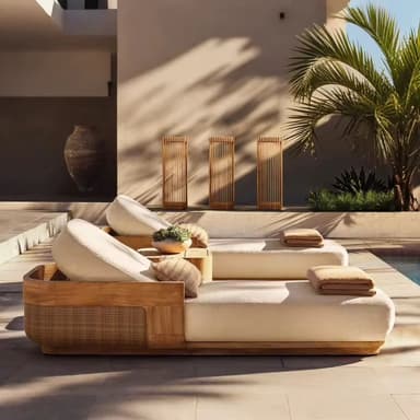 A contemporary chaise lounge featuring a natural wood frame, upholstered in cream bouclé-like fabric for the main cushions. The design includes distinctive woven panels integrated into the side sections of the wooden frame. An adjustable backrest provides versatility for reclining. A small striped accent pillow and a folded beige throw blanket are placed on the lounge. — 3D model
