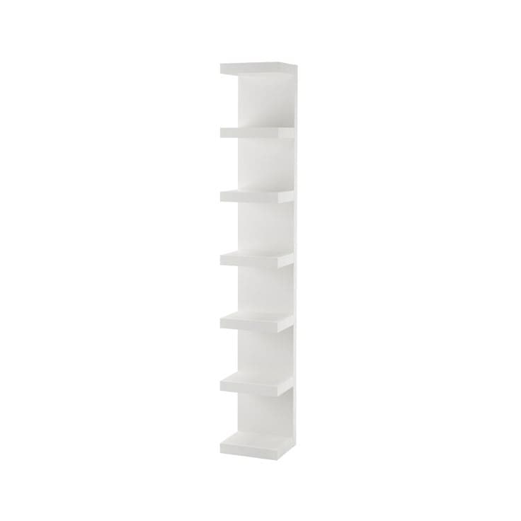 A tall, narrow, white shelving unit featuring multiple open shelves arranged vertically, designed for modern and minimalist interiors. — 3D model
