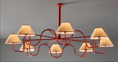 A decorative chandelier with a central rod from which several curved metal arms extend, supporting eight conical lampshades. The metal structure has a reddish-brown hue and features a flowing, organic design. The lampshades are a light beige color with a darker trim. — 3D model