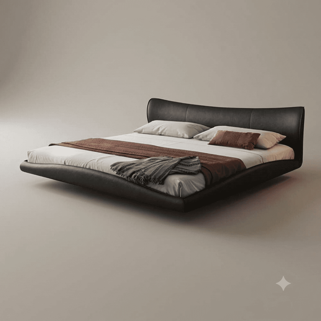 A modern low-profile platform bed featuring a curvilinear headboard and an upholstered frame, presented with bedding in a minimalist setting. — 3D model
