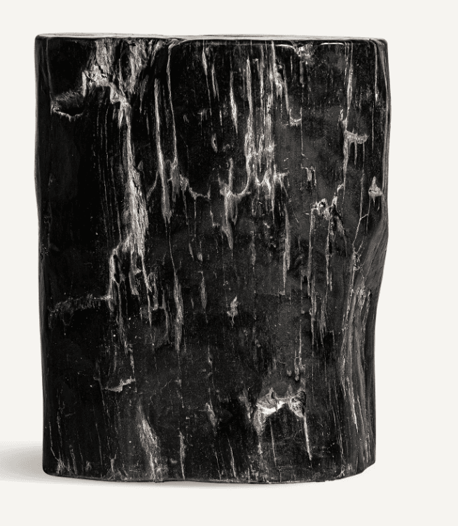 A solid, cylindrical piece of petrified wood, dark charcoal or black in color, with a rough, naturally textured surface and irregular contours. — 3D model